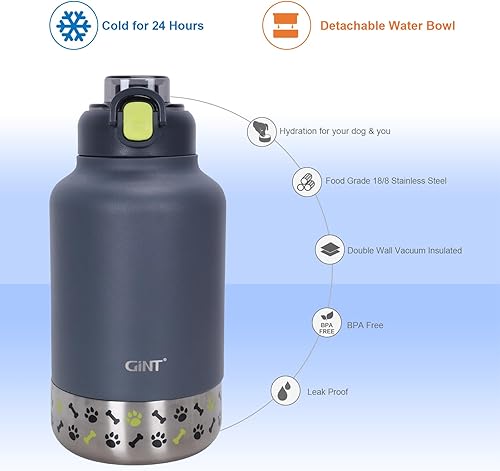 Miniatura 6 de GiNT Botella de agua aislada de acero inoxidable para perros y humanos de 37 onzas  Dispensador de viaje a prueba de fugas con cuenco desmontable de