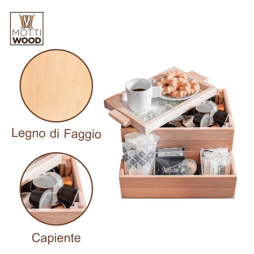 Porta Capsule e Cialde in Legno, Organizzatore Caffè, Coperchio Vassoio Estraibile, Vano + 3 Scomparti