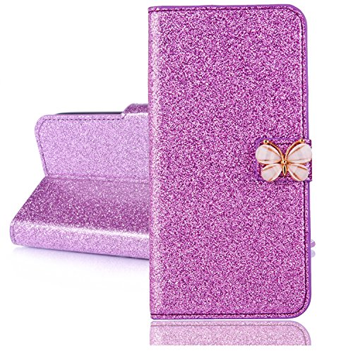 BLOTECH Custodia Sparkly Wallet for Huawei P8 Lite Cover Bling Bling Glitter Brillantini Brillante Viola Leather Case Shell Wallet PU e Glitter Brillanti 3D Farfalla Strass Cover per Huawei P8 Lite