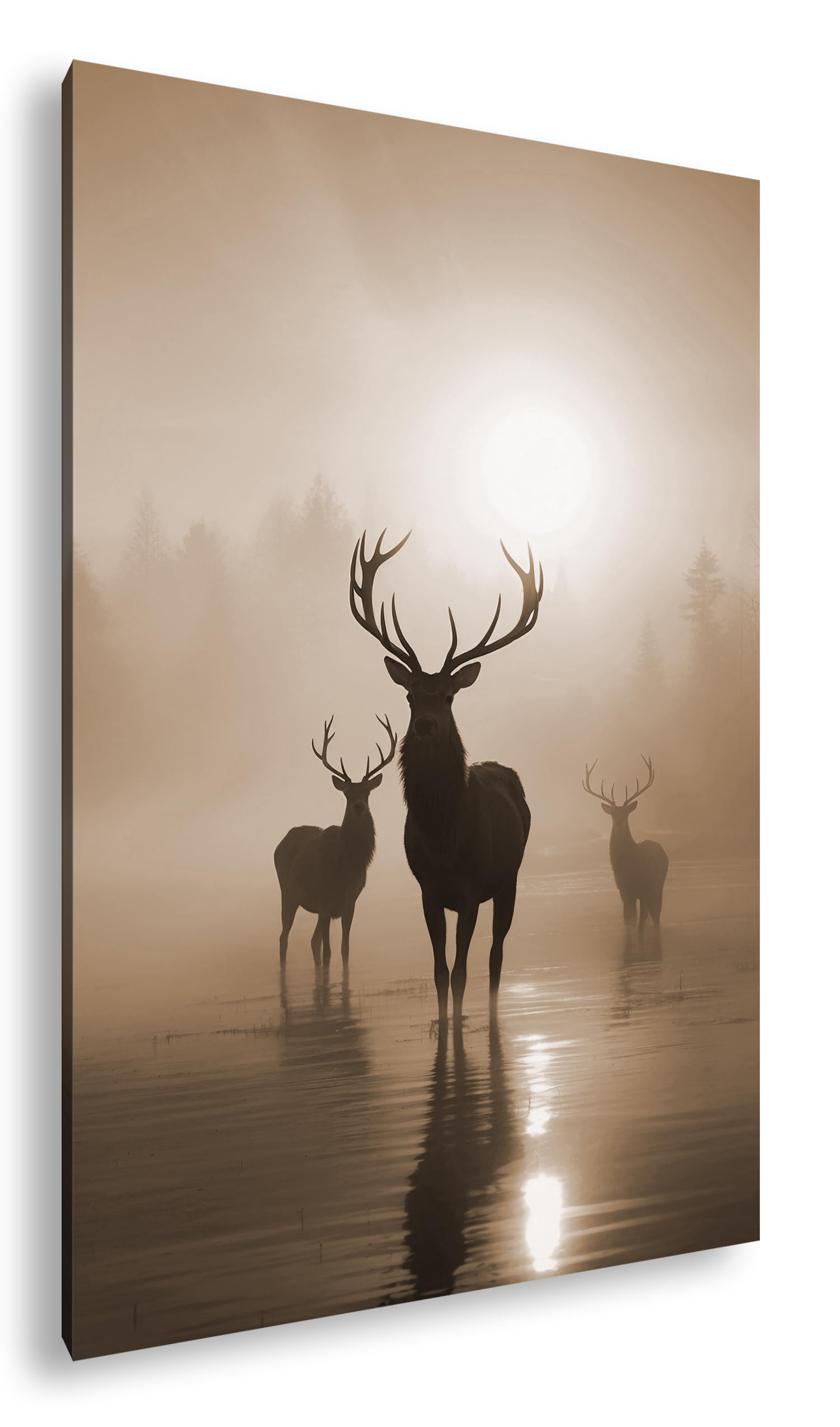 deyoli Silhouetten im Morgendunst – Hirsche im goldenen Nebel Format: 120x80cm Effekt:Sepia XXL Kunstdruck Motiv auf Holzrahmen/Leinwandbild/Wandbild/Wohnzimmer Dekoration