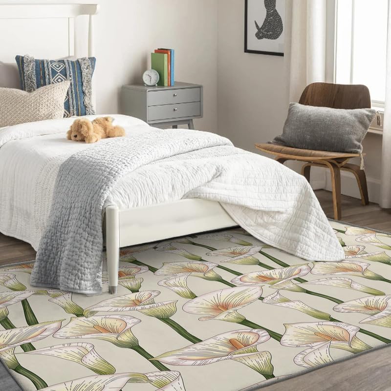 Miniatura 4 de Alfombras florales de lirio de cala para dormitorio, sala de estar, de 4 x 5 pies, lavables, antideslizantes, suaves, de pelo bajo, alfombra de área