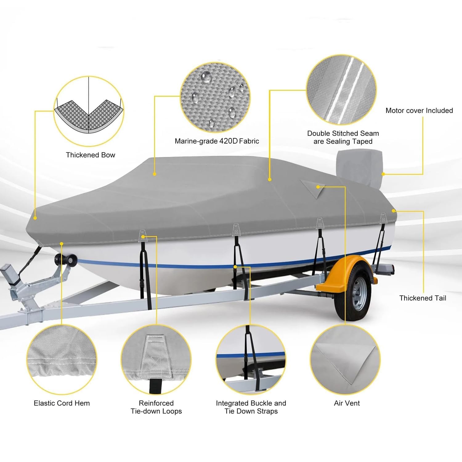 Funda para Barco,Resistente 420D De Grado Marino-Accesorios Barco,518–579 cm,Tela Oxford Impermeable con Protección UV,Casco En v Runabout Jumbo Boat Speedboat Fishing Ski Boat(17-19 FT,Gray)