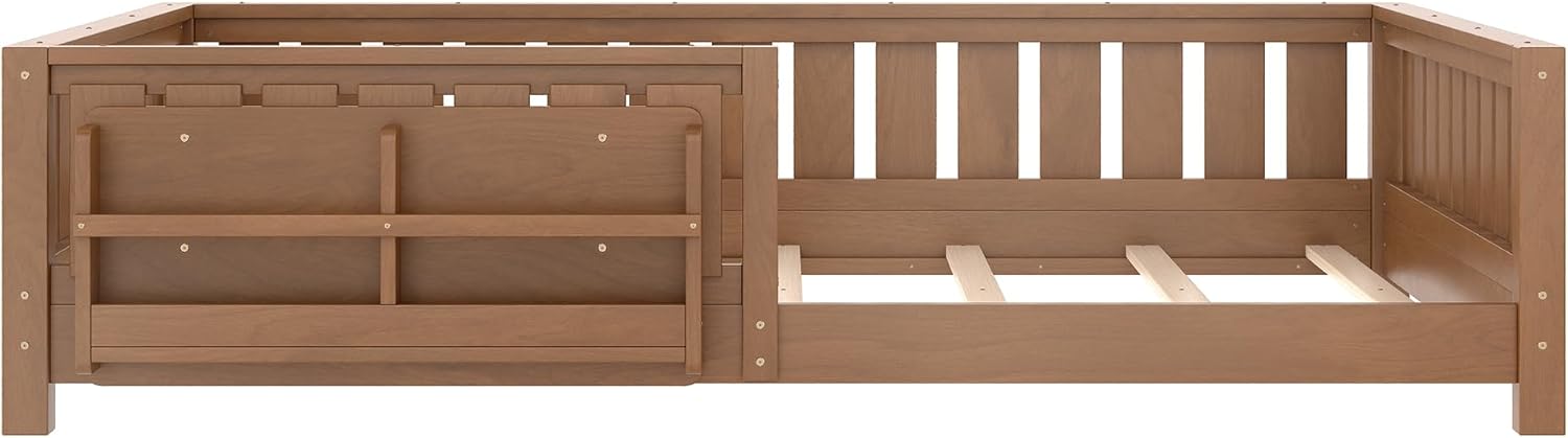 Bellemave Queen Size Kids Montessori Floor Bed Frame with Bookshelf and Guardrail,Solid Wood Floor Bed Frame with Slats for Girls Boys,Low-Profile,Natural