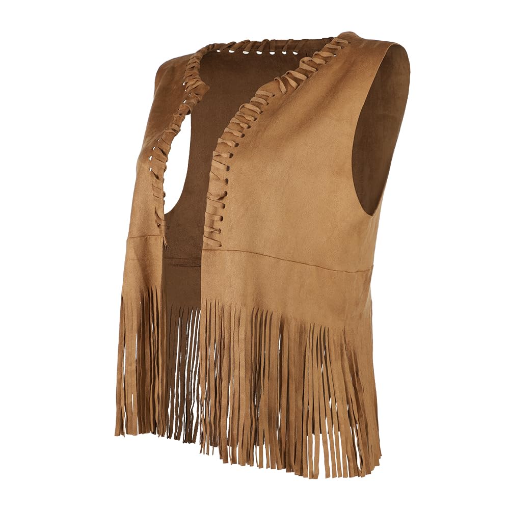 Women Cowboy Hat Tassel Vest Cowgirl Costume Set Fringe Vest Cowgirl Hat 60s 70s Hippie Costume Clothes Faux Suede Open Front Sleeveless Waistcoat Jacket for Hippie Disco Carnival Halloween Party - Image 4