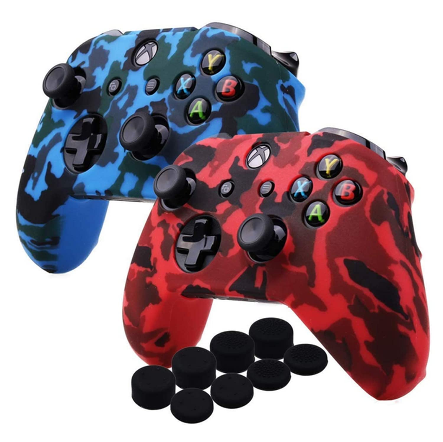 SKEIDO Compatible with Microsoft Xbox One X Slim Controller Soft Silicone Case Cover Protective Skin Camouflage 2pcs with Extra Height Thumbstick Grips Cap