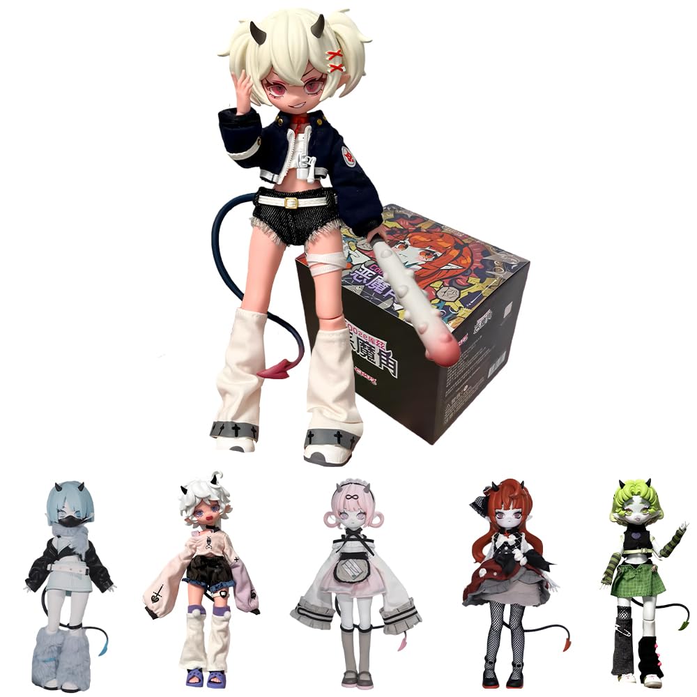 niannyyhouse BJD Blind Box Figurines, Devil Horns Series, 1/8 Scale, Ball Jointed Doll with Clothes, Action Figure Collectable (6PCs)