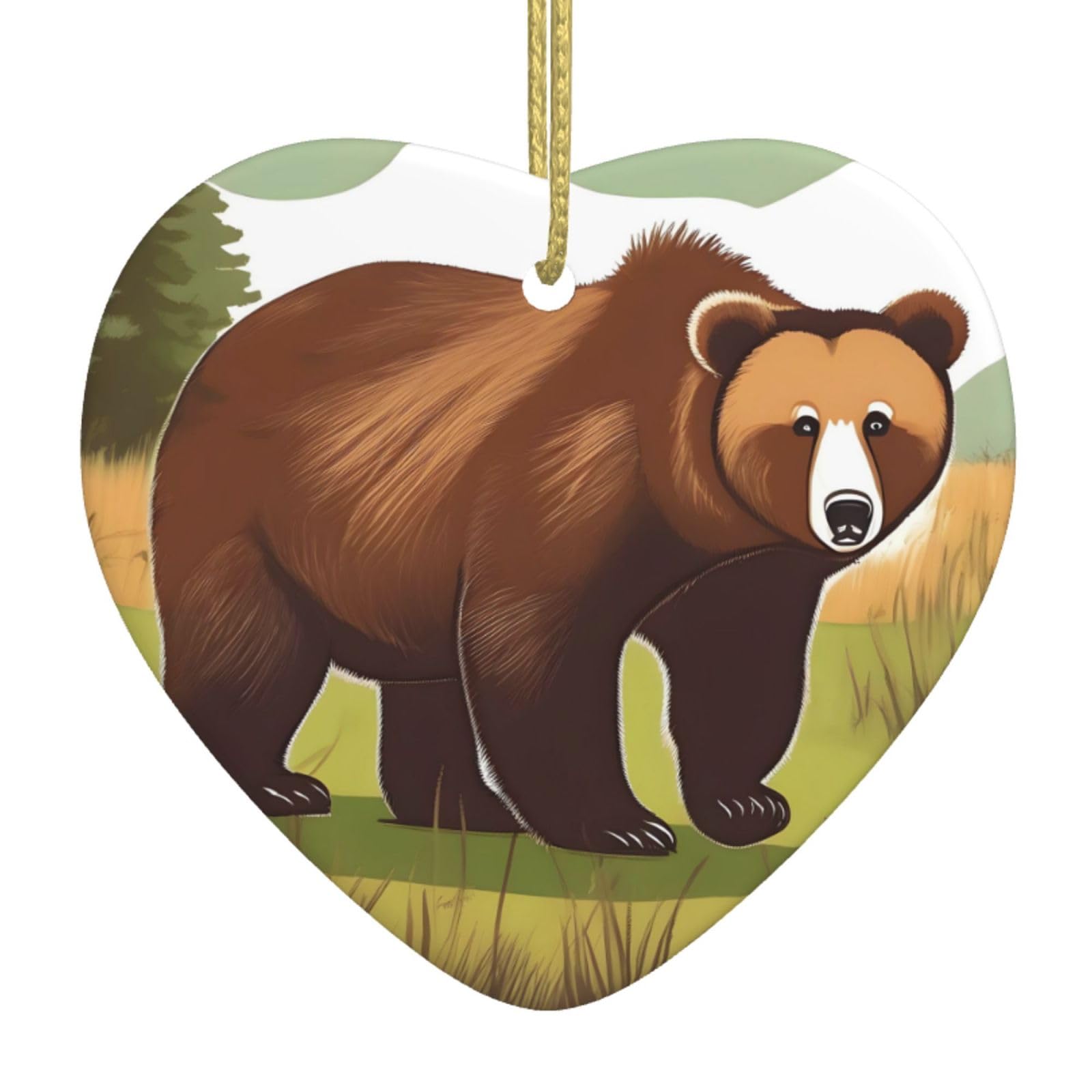Brown Bear Walking Ceramic Christmas Heart Pendant with Silk Thread, Christmas Tree Home Decoration