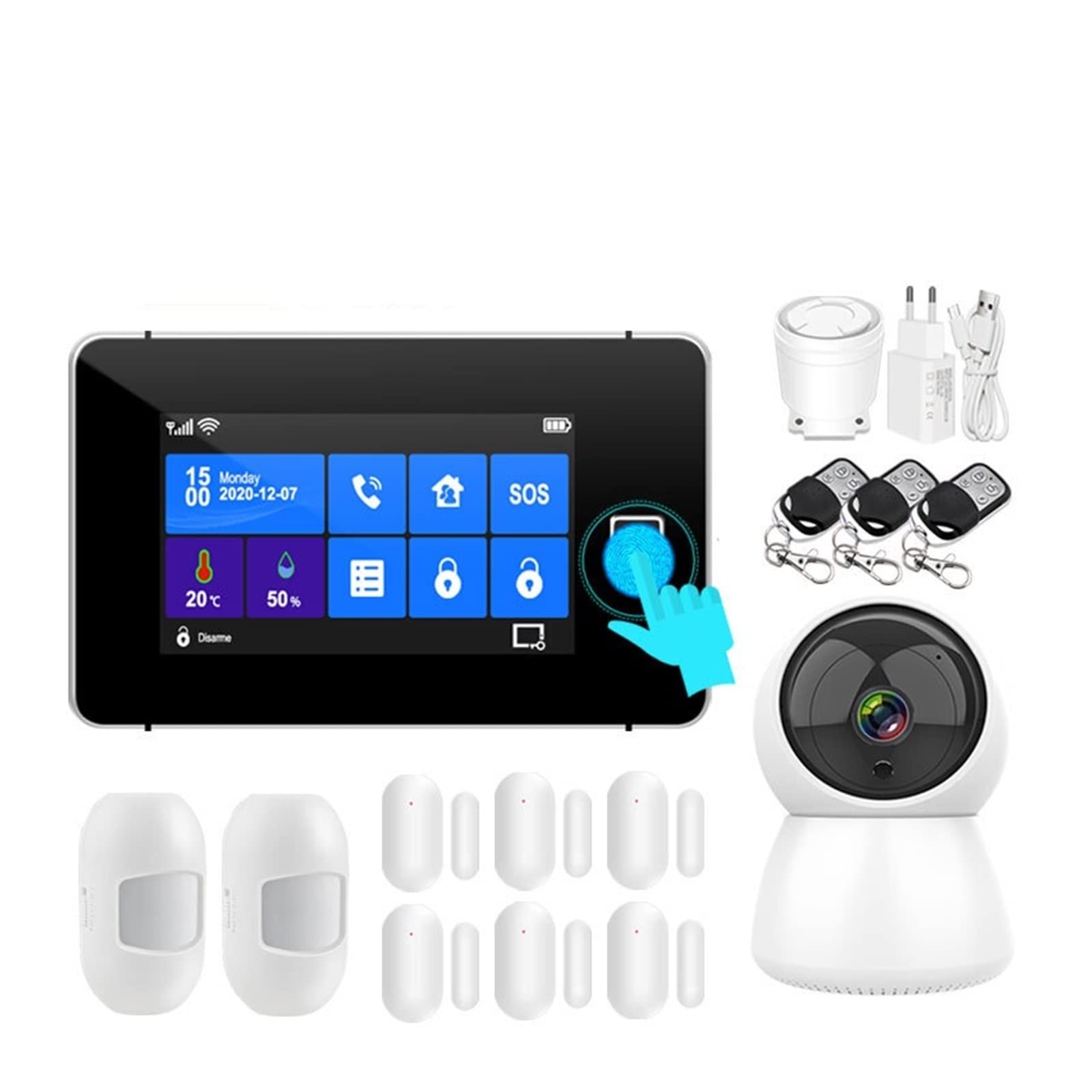 Kit Alarma Casa, Tuya Wifi GSM Sistema de alarma de ladrones de hogares Tft Toque el teclado Pantalla de humedad de la temperatura de armado de huellas digitales con sensor(B)
