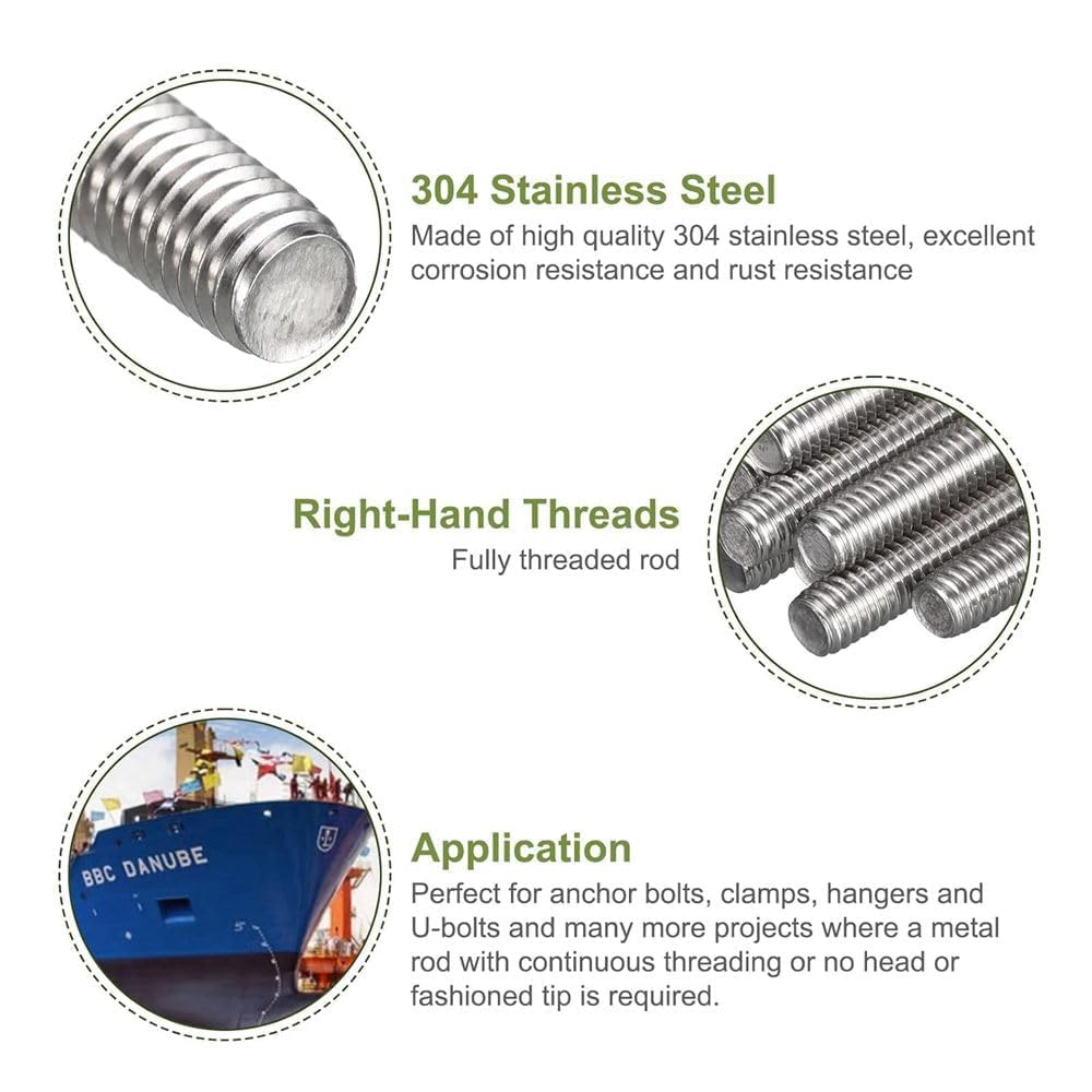 FarDeer Fully Threaded Rod,M6/M8/M10 304 Stainless Steel Long Threaded Screw,Right Hand Threaded Rods Bar Studs. (M10x300mm*2pcs) - Image 4