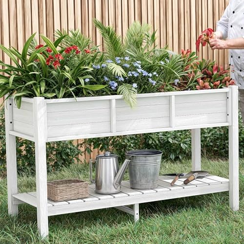 YITAHOME Raised Garden Bed, 47x18x31 Inch HIPS Poly-Wood Weather-Resistant Elevated Planter Box with Storage Shelf for Vegetable Flower, White