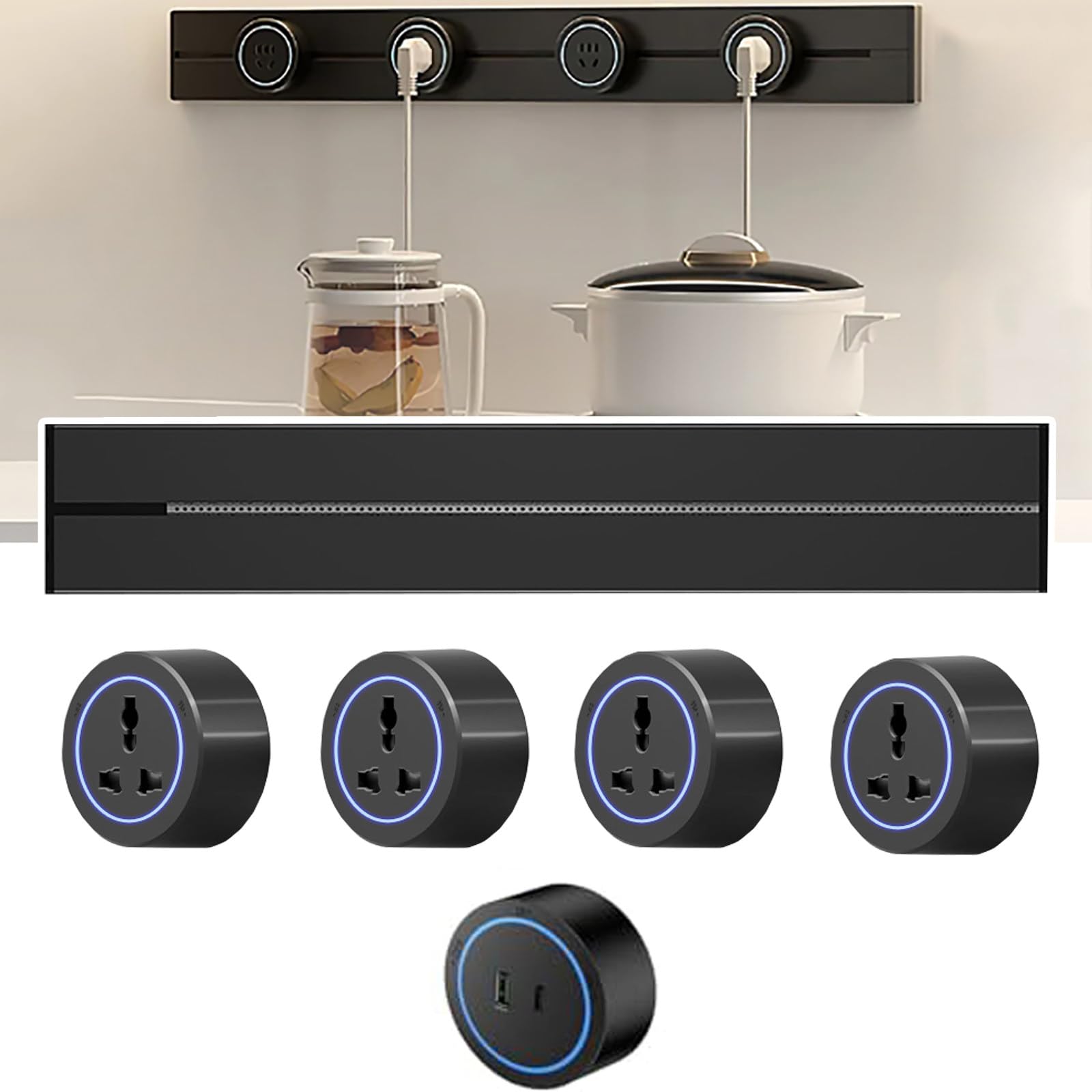 Regleta De Enchufes De Pared, Carril De 8000W + Enchufe Universal ExtraíBle De Tres Orificios/USB + Tipo C, con Luz Led Suave, para Cocina, Oficina Y Hogar. Black-60cm