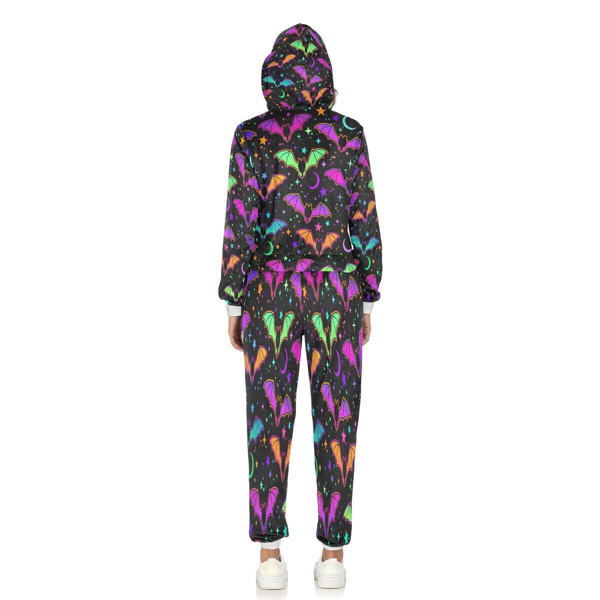 Conjunto deportivo de 2 piezas para mujer, diseño de murciélagos brillantes, multicolor, manga larga, para Halloween