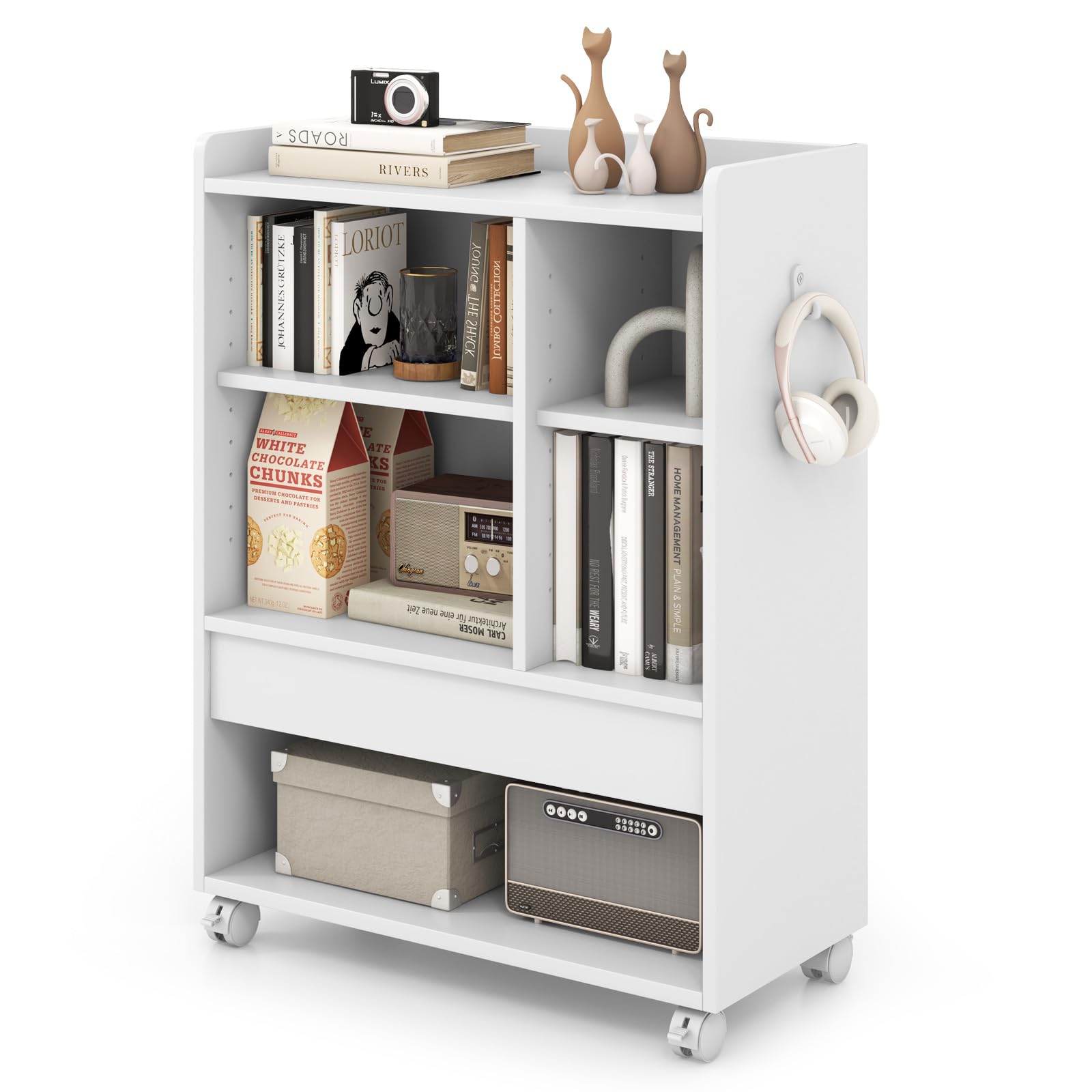 COSTWAY Sofa Side Table, Mobile Bedside Table Storage Cabinet with Drawer, Adjustable Shelves, Open Compartments and Hooks, Wooden Snack End Table on Wheels for Living Room Bedroom (White)