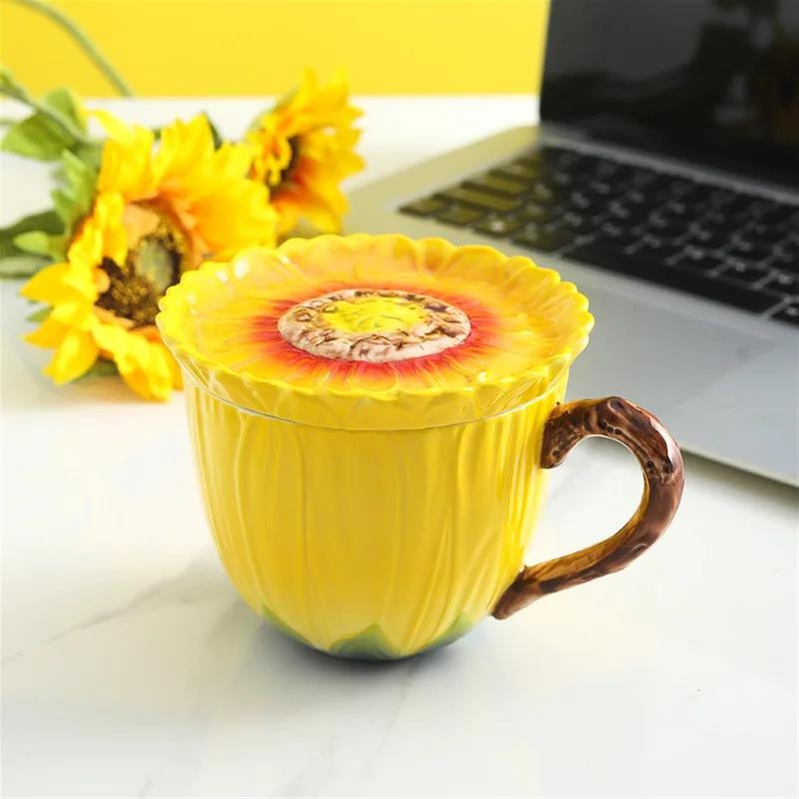 Teetassen-Sets Home Office Große Kapazität Tasse Kreative Keramik Sonnenblumen Becher Frühstück Milch Mit Deckel Paar Nachmittag Tee Kaffee Set Reise-Teeset
