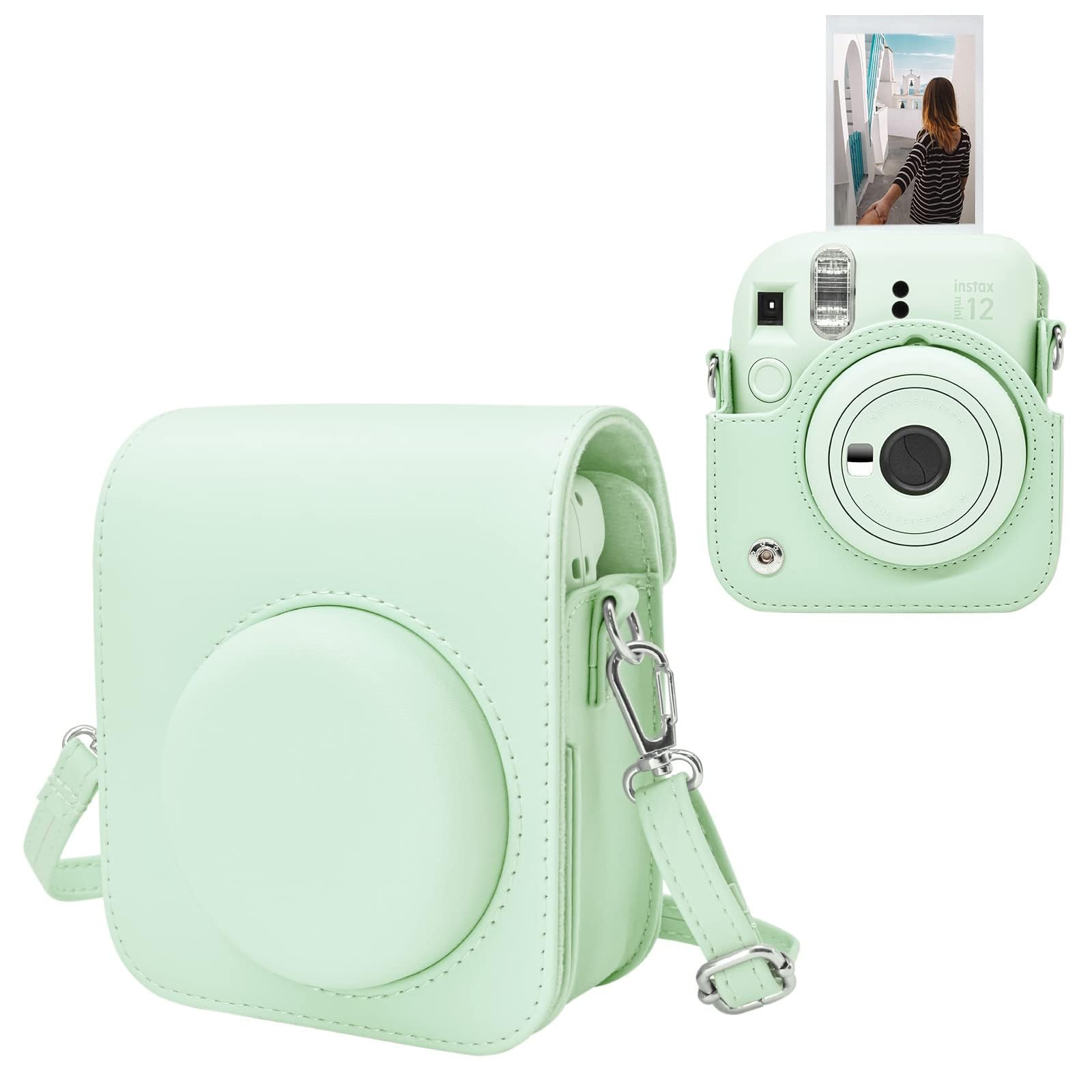 Instant Camera Case Compatible with Instax Mini 12, PU Leather Bag with Pocket, Adjustable Shoulder Strap (Pure Green)