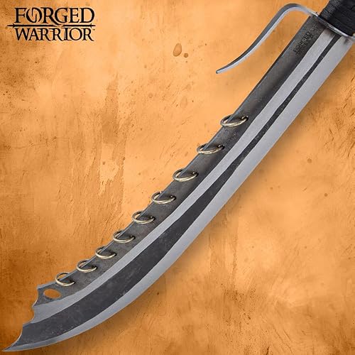 Miniatura 6 de Espada ancha y vaina forjada de guerrero chino de nueve anillos, hoja de acero inoxidable quemado de dos tonos, mango envuelto en cordón de cera,