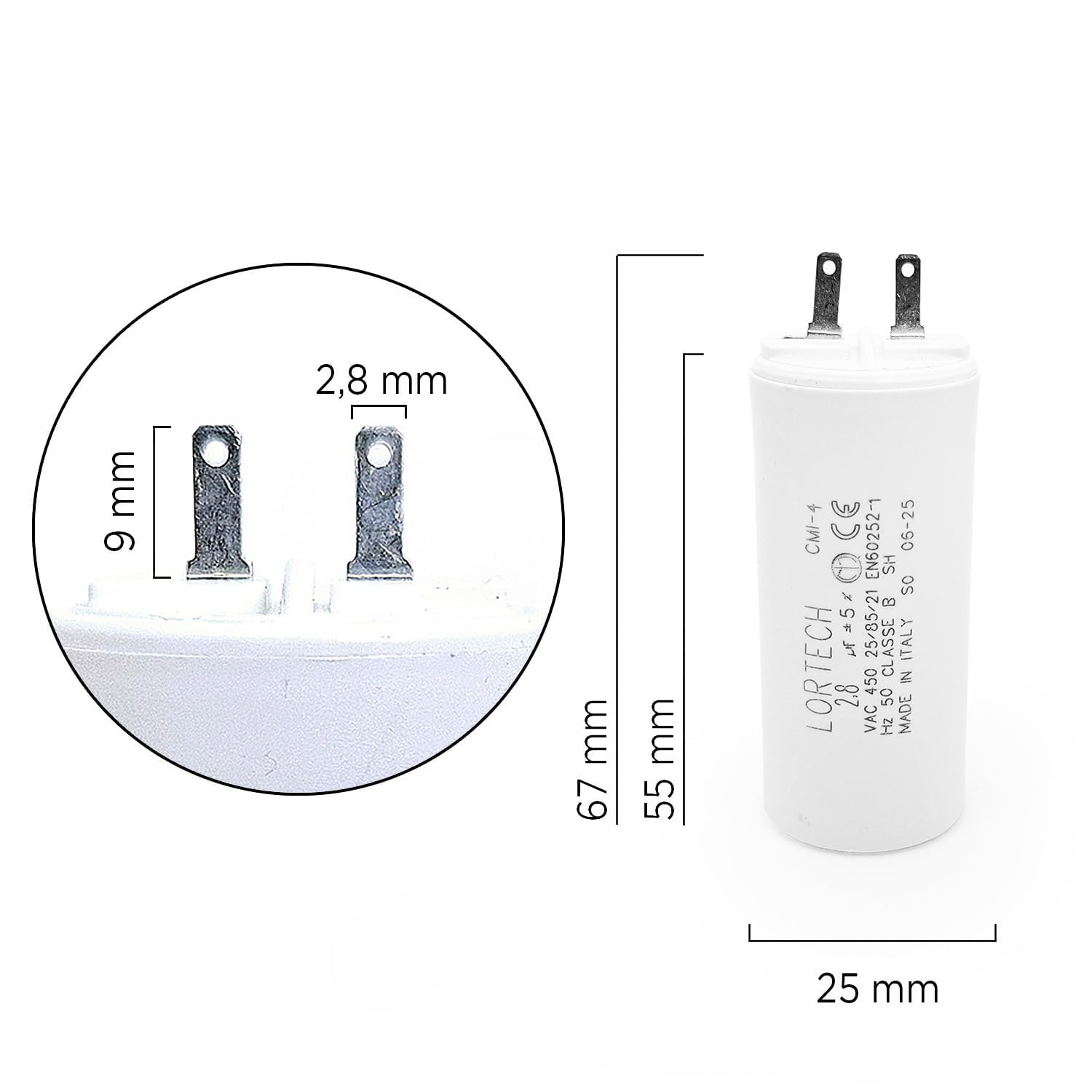 Kondensatory 2,8 μF do silnika rolet 6Nm, Ø 25 x 56 mm, wyprodukowane we Włoszech, 2 sztuki