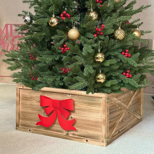 HUTHDAK Wood Tree Collar,22" Red Bow Christmas Tree Collars for Artificial Trees, Vintage Natural Wooden Christmas Tree Stand Cover,Farmhouse Rustic Christmas Tree Base Cover