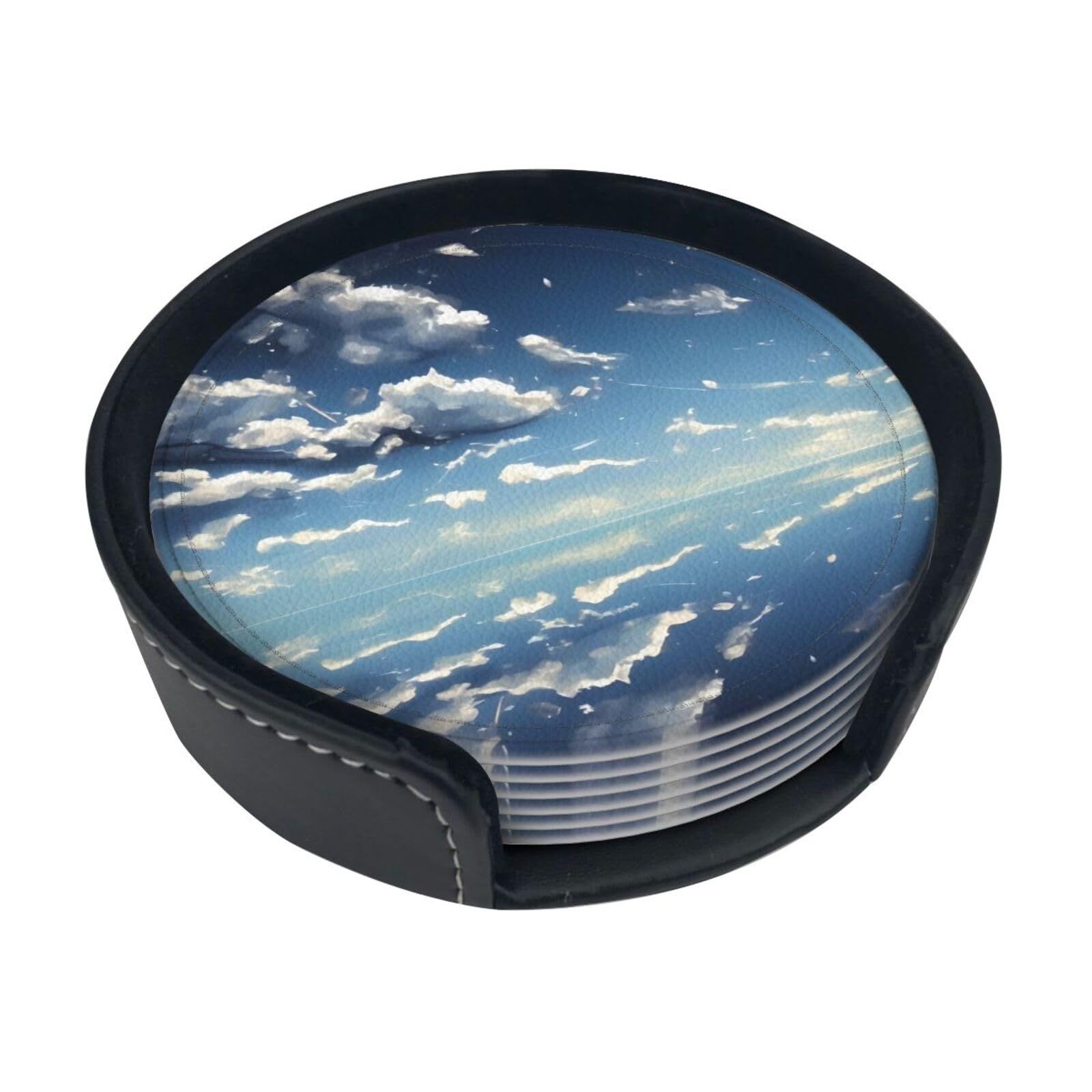 Cntdbu White Blue Sky And Clouds Leather Coasters Set Of 6-Pu Leather Drink Mats For Table, Heat Resistant Round Coasters With Holder