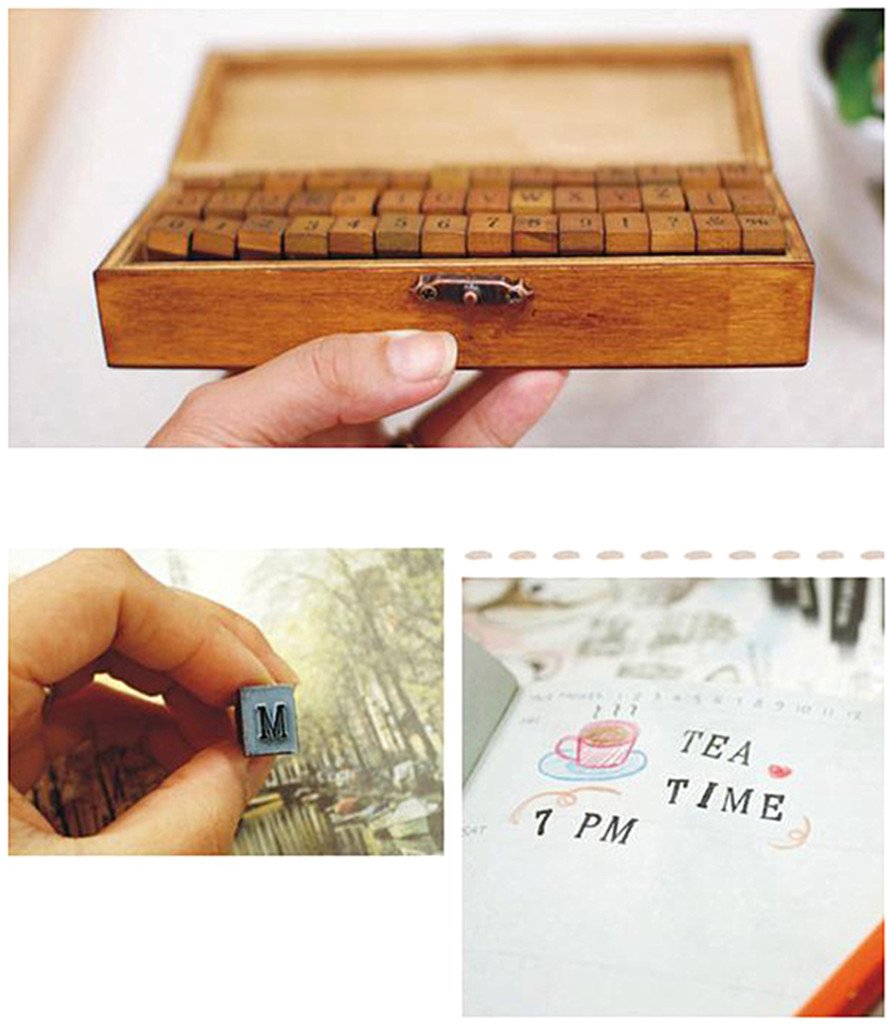 alimitopia Lovely de madera juego de sellos de goma, 25 tipo patrón DIY Diario Scrapbooking Sello Conjunto con caja de madera