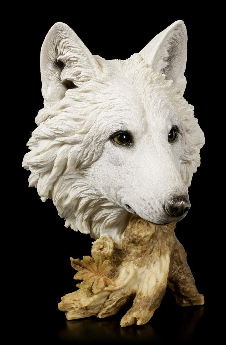 Figuren Shop GmbH Große weiße Wolfskopf Büste - Winterzeit | Tierstatue, Dekofigur, handbemalt, H 40 cm