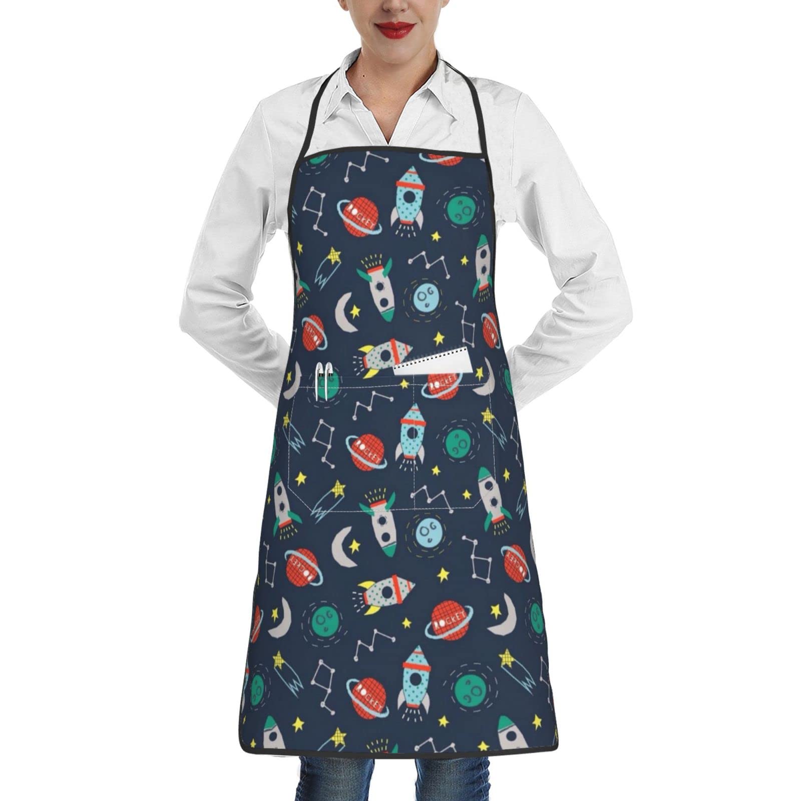 Aseelo Rocket Clipart Space Ship Aprons, Unisex Cooking Apron Bib Apron With Pockets For Home Kitchen Restaurant Bbq Baking