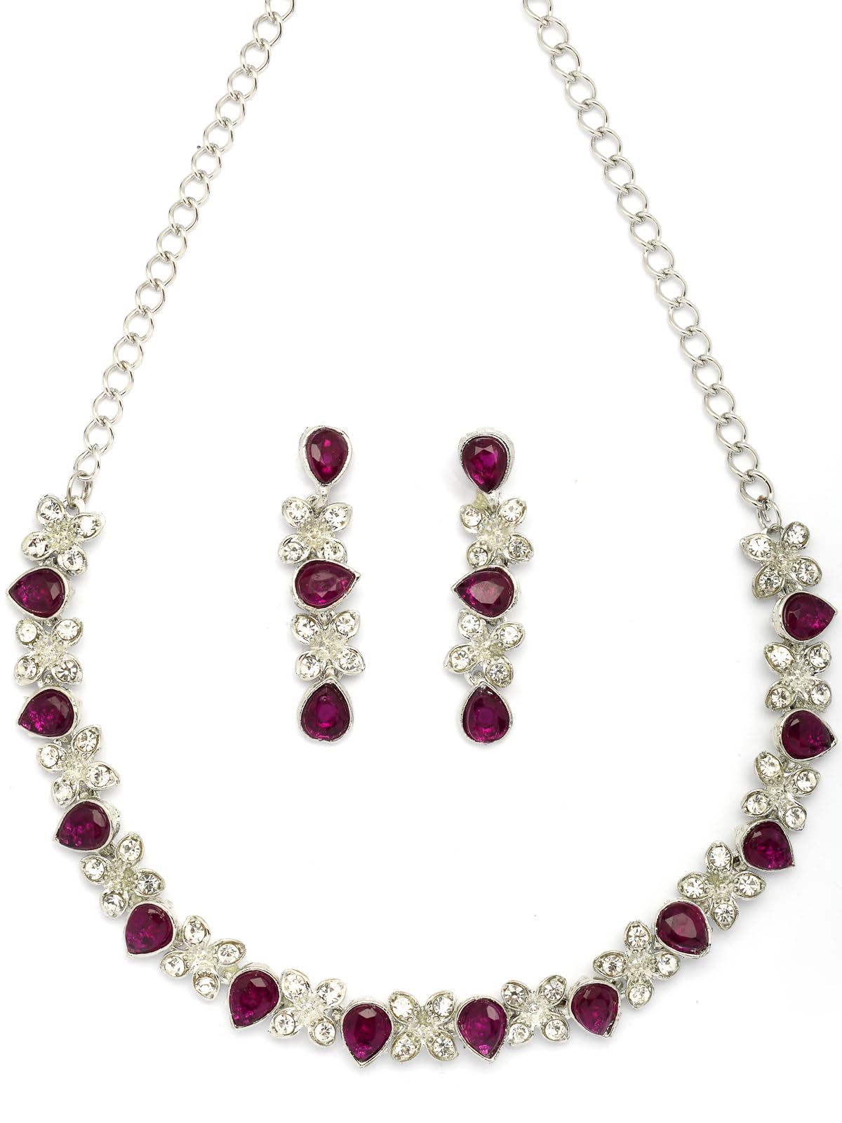 Princess Style AD Stone with Rhodium Plated Silver Red Choker Necklace with Drop Earring Jewellery Set For Women & Girls|NS107399-image-32