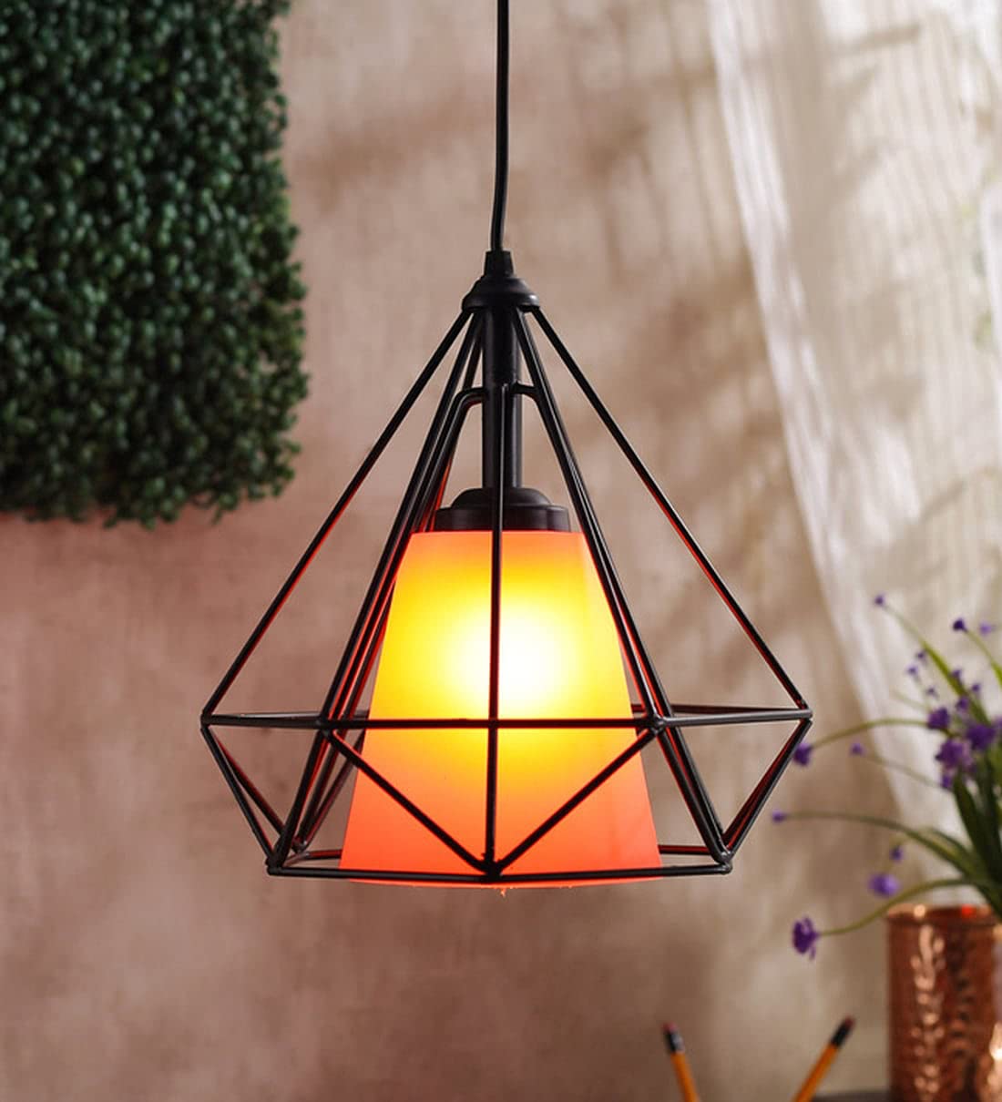 DarkVision Retro Cage Pendant Single Light Fixture with Black Metal Frame and PVC Orange Shade Adjustable Hanging Cord, Ideal for Dining Room, Hallway, or Kitchen (Without Bulb)-image-1
