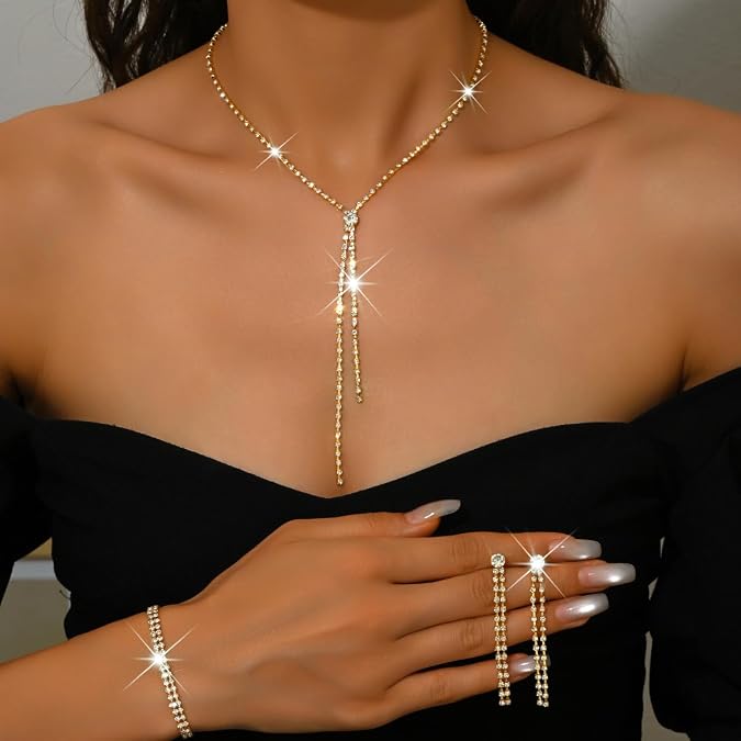 MIFYNN Rhinestone Wedding Set for Women Sparkle Crystal Earrings Necklace Bracelet Jewelry Set Wedding Party Prom Jewelry Set for Brides Bridesmaid