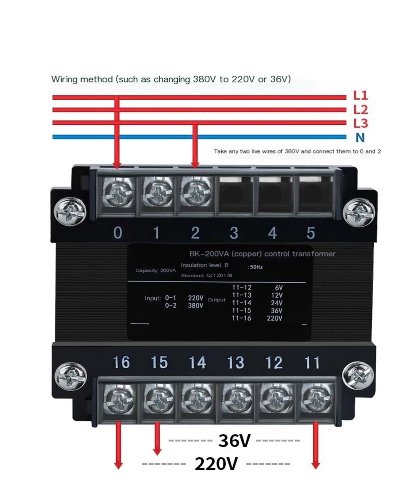 Trasformatore di controllo for macchine utensili CA monofase BK-200VA da 380 V a 220 V, 36 V, 24 V, 12 V(220 to 36V)