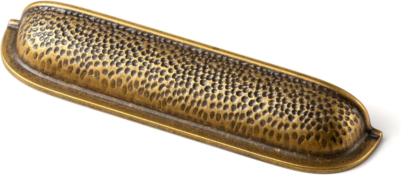 Goo-Ki 6 Pack 5 Inch Antique Brass Cabinet Cup Pulls – Hammered Texture with Curved Edges, Elegant Drawer Bin Handle for Kitchen & Furniture