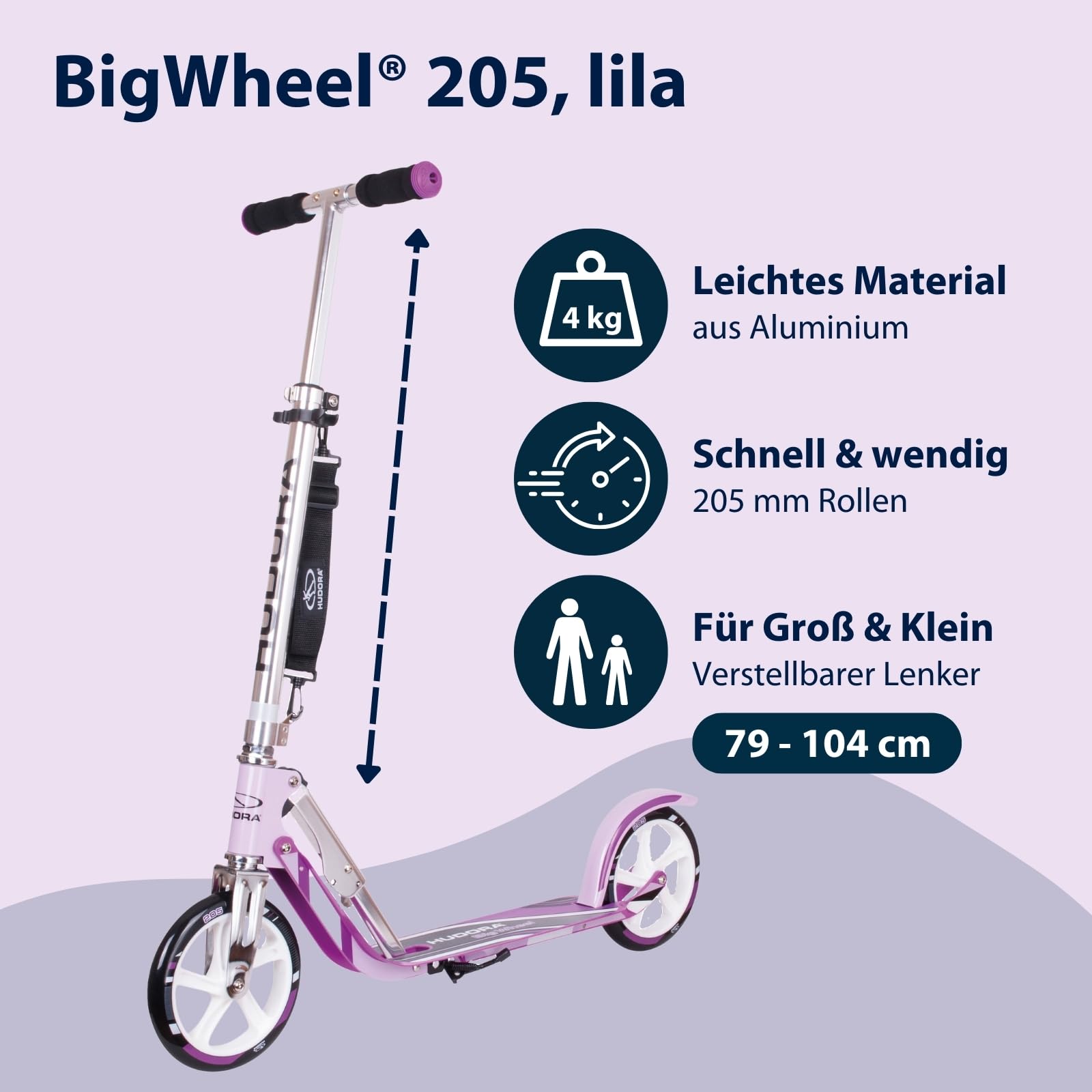 HUDORA BigWheel Scooter 205 - Stabiler Aluminium-Roller - Höhenverstellbarer & zusammenklappbarer Cityroller - Kinder- & Erwachsenenroller für bis zu 100kg - Tretroller mit Ständer