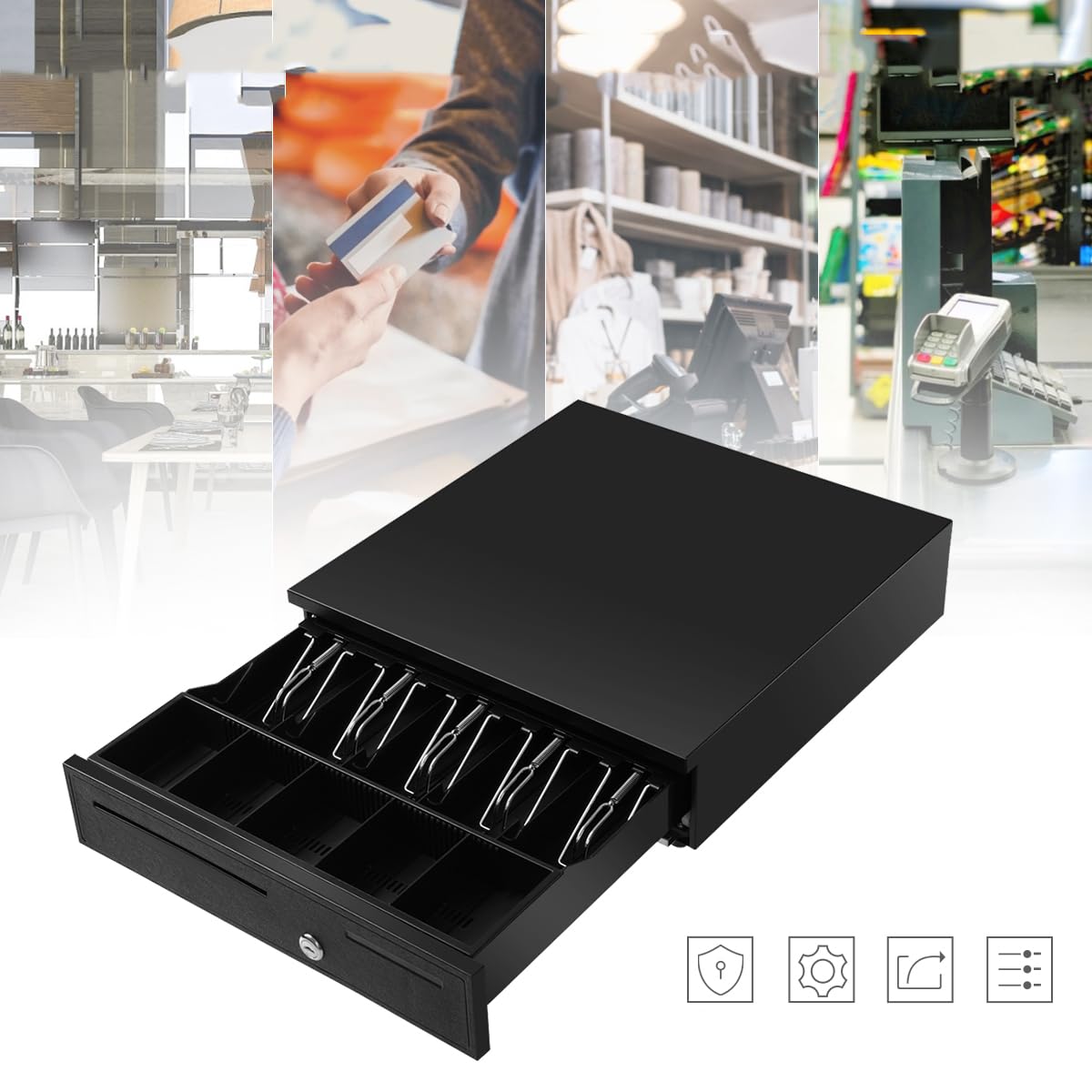 SOARS Kassenschublade elektrisch, Kassenlad mit 5 Münz & 5 Scheinfächern | Geldlade mit elektrischer & manueller Öffnung, Geldbox Geldkassette, 40,5 x 42 x 10 cm, Schwarz