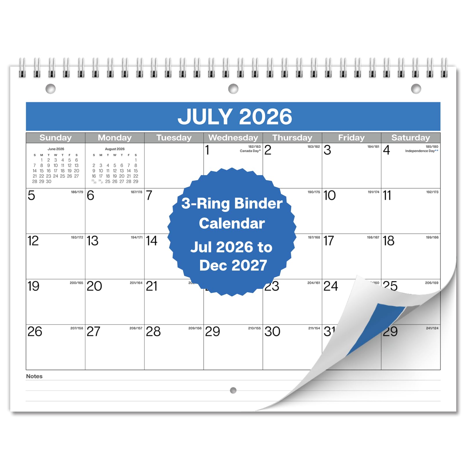 Dunwell 8.5x11 Binder Calendar 2026-2027, July 2026 to December 2027, 3-Hole Punched for 3-Ring Notebook, Monthly Academic Hanging Planning Calendar