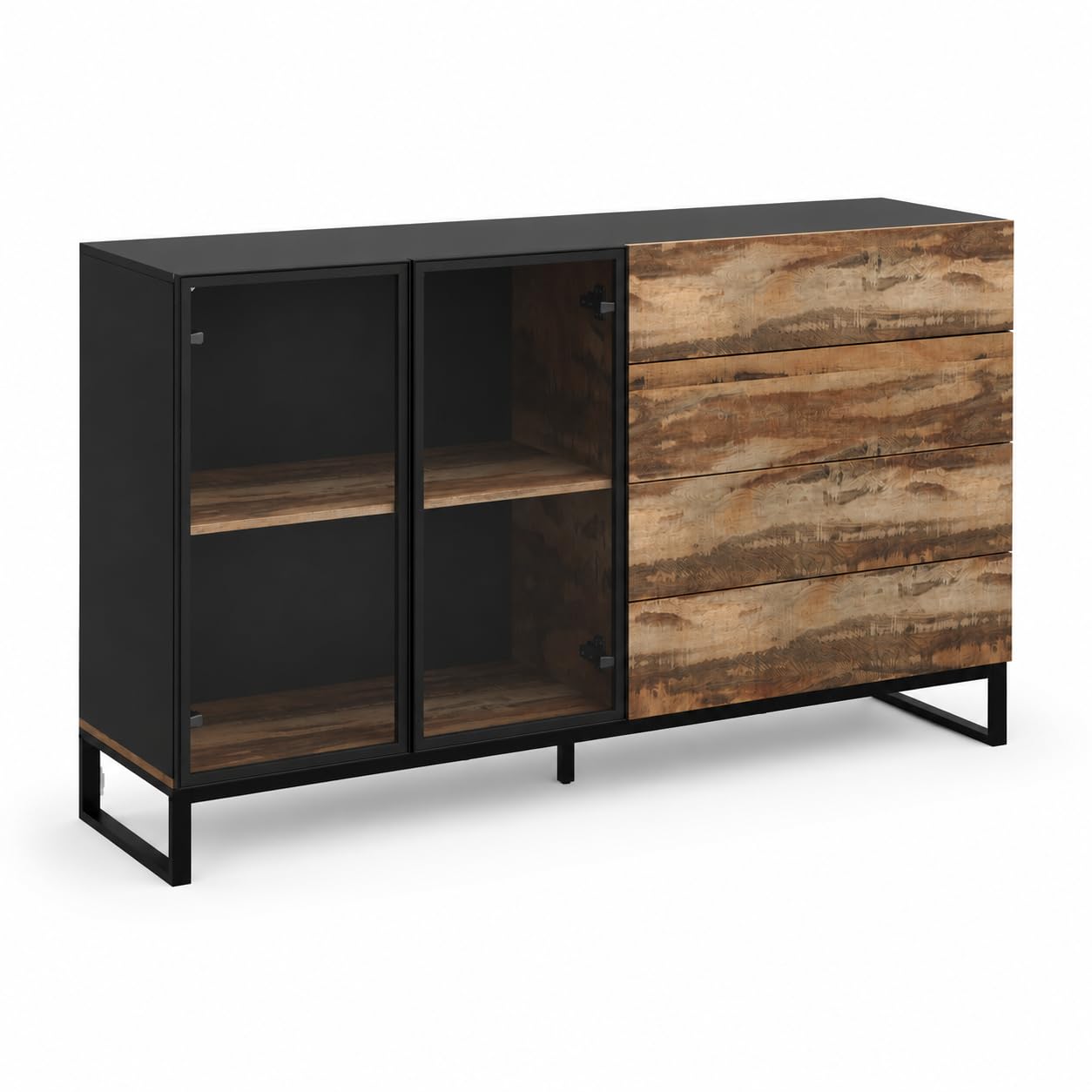 Sideboard Holzoptik-Schwarz 160cm mit LED & Glastür – Kommode mit 4 Schubladen, Push-to-Open & USB-Lichtleiste – Vitrinenschrank mit Metallrahmen für Wohnzimmer, 160×95×41cm