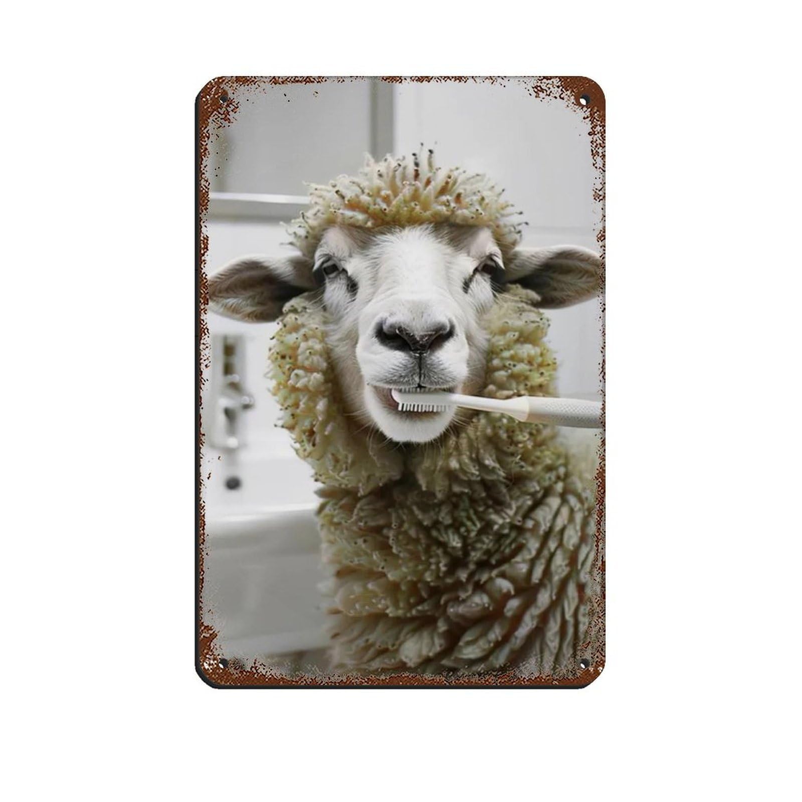 Sheep Brushing Teeth, Hilarious Bathroom Art Retro Poster Metal Tin Sign Chic Art Retro Iron Painting Bar People Cave Cafe Family Garage Poster Wall Decoration 8x12inch(20x30cm)