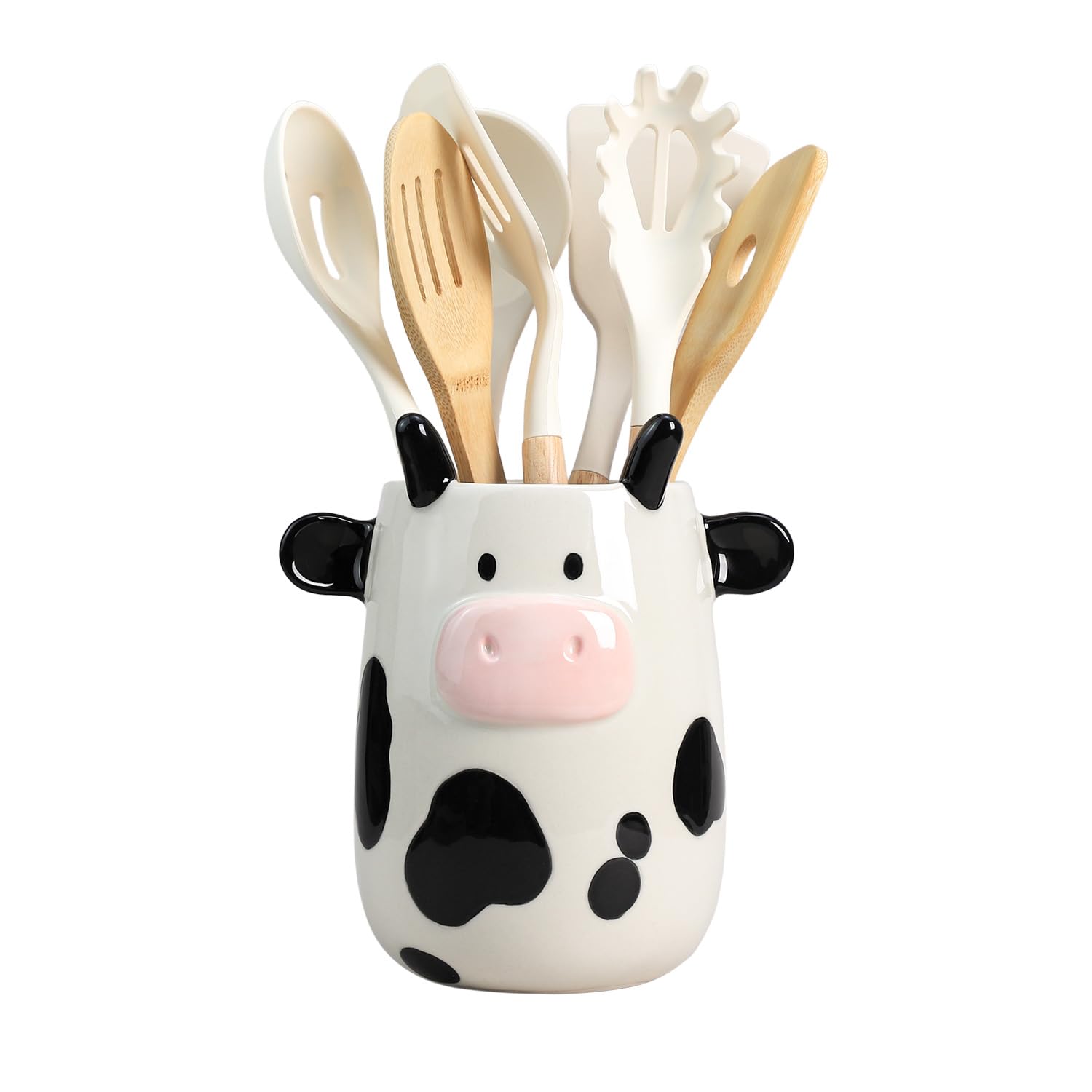 Bicuzat Ceramic Cartoon Cow Shaped Kitchen Utensil Holder, Large Cooking Utensil Crocks for Kitchen Countertop, Ceramic Utensil Organizer for Spatula, Kitchen, Home Decoration