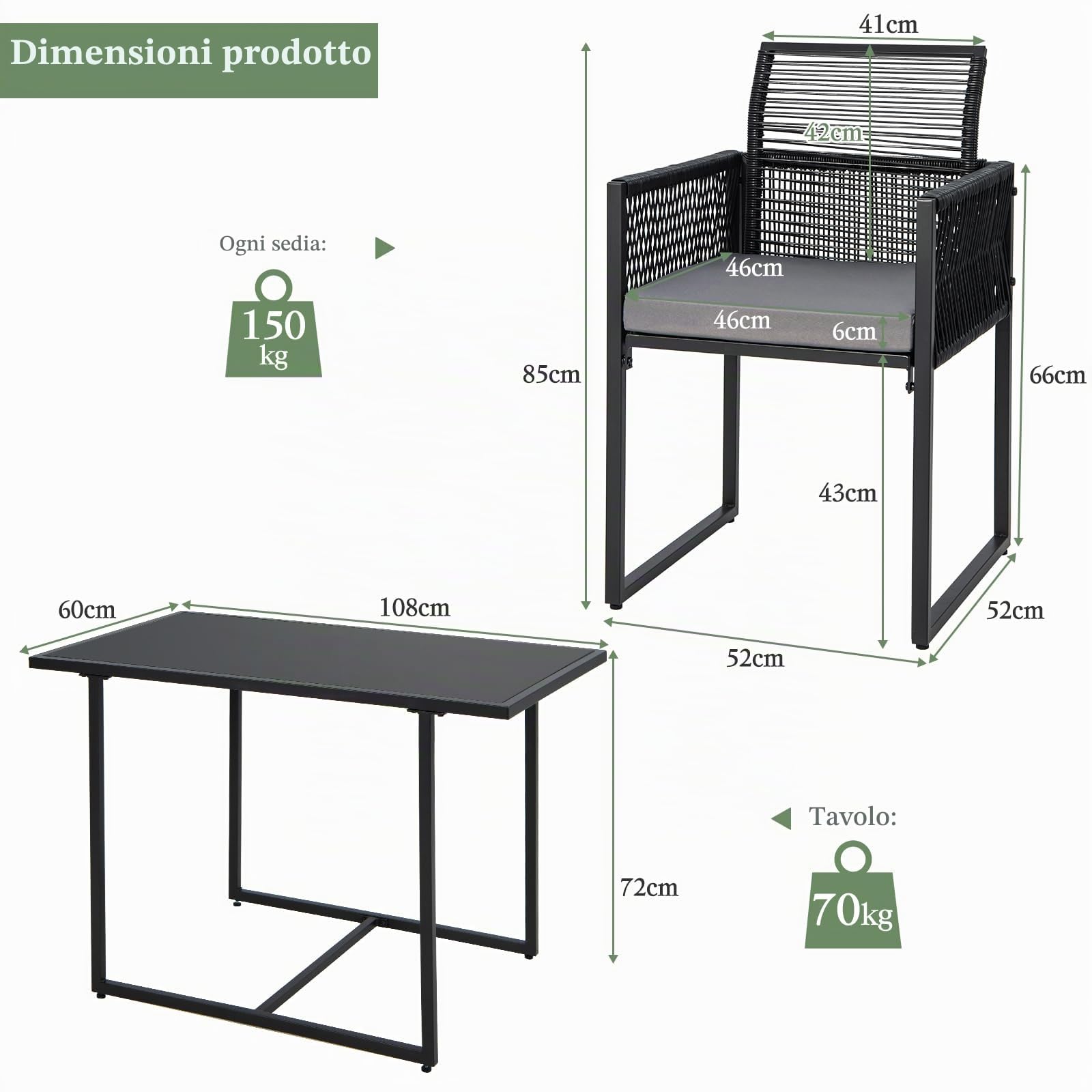 GIANTEX Set Mobili da Esterno a 3 Pezzi, 2 Sedie in Rattan Intrecciato con Schienale Pieghevole e Cuscini, Set Tavolo Rettangolare da Pranzo per Patio, Giardino e Balcone