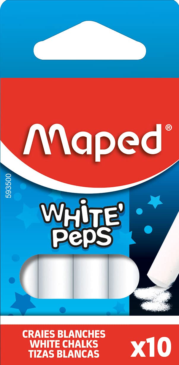Maped - Tizas Blancas para Aceras y Pizarras - 10 Unidades - Fabricadas Con Carbonato de Calcio - Fórmula Libre de Polvo - Mejor Visibilidad y Legibilidad