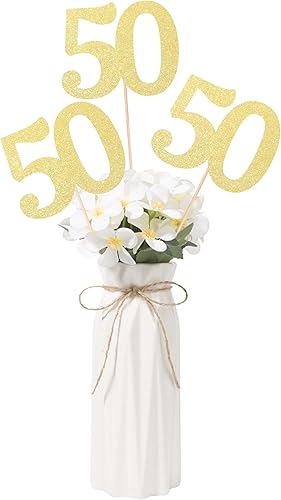 Gexolenu NO 50, paquete de 10 centros de mesa de cumpleaños de 50 cumpleaños con purpurina de doble cara para mesas, decoración de mesa de