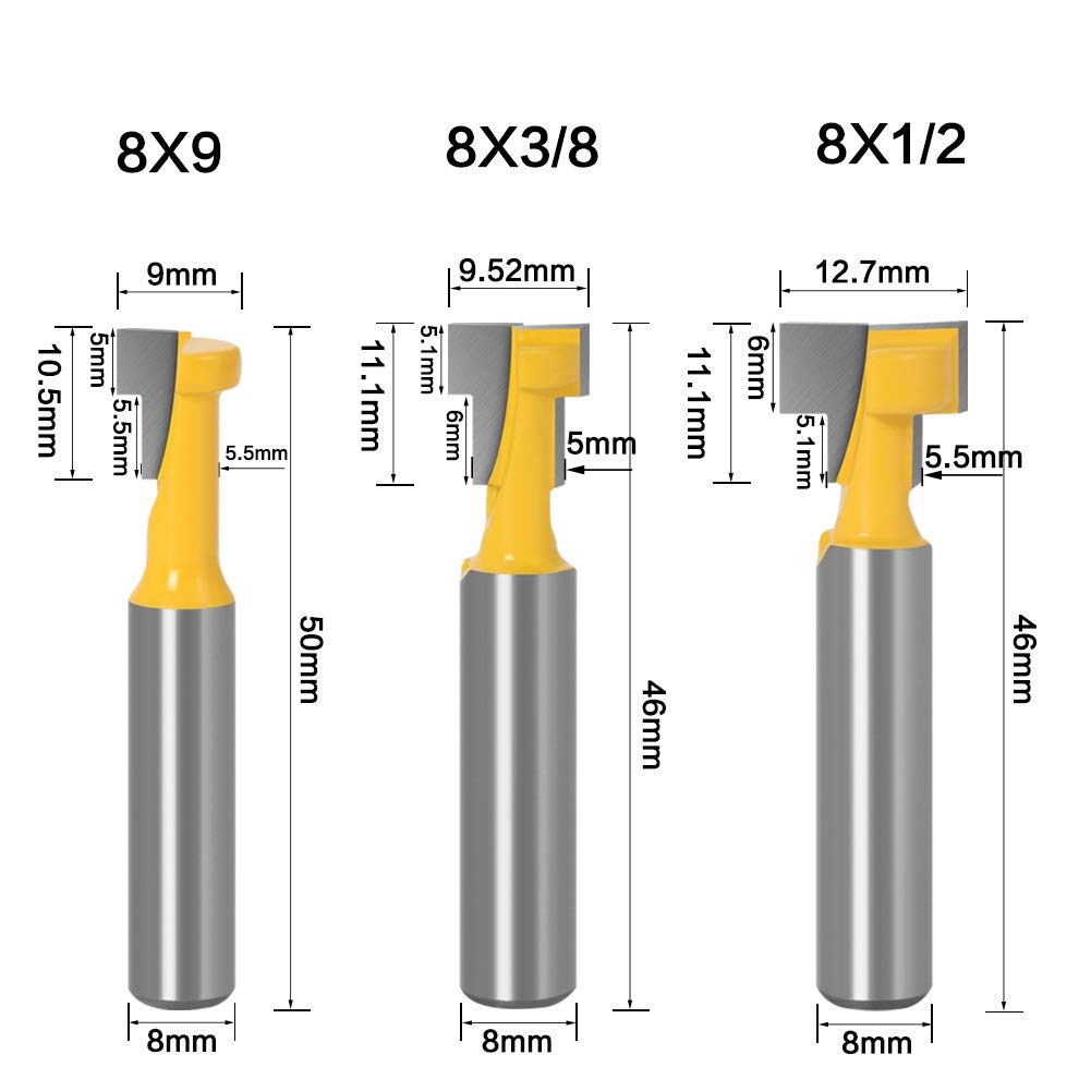 8mm gambo T-Slot carburo di cemento con lavorazione del legno Cutter Router Cnc Bit, 3Pz T-Slot Track Fresa Legno Fresatrice Verticale Giallo