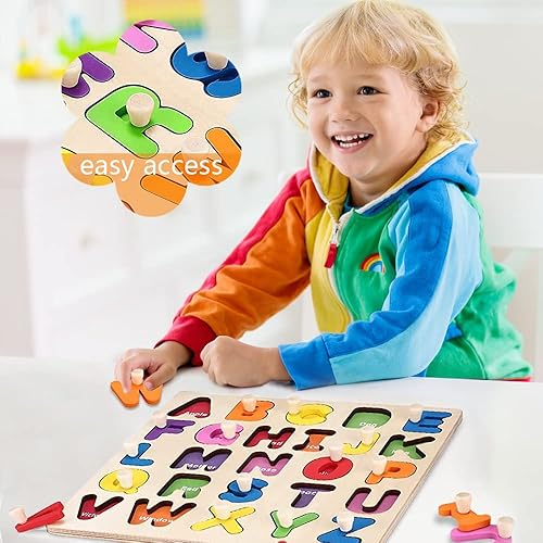 Miniatura 5 de Wooden Puzzles for Toddlers Preschool Montessori Educational Learning Toys with Chunky Wood ABC Puzzle Board Upper Case Letters Puzzles with Board