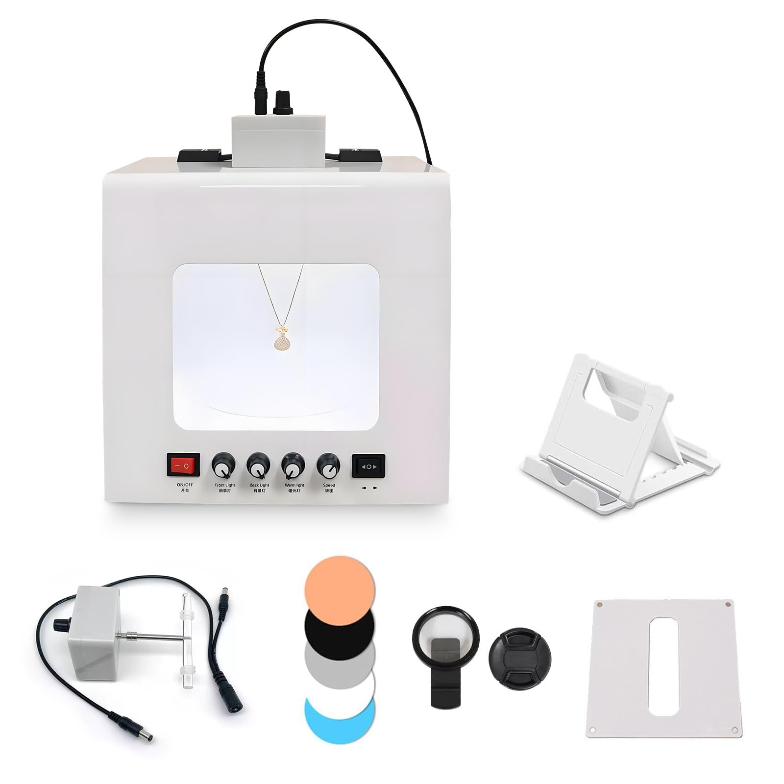 Mini Studium Fotograficzne, Softbox z Wysuwanym Statywem i Automatyczną Obrotową Platformą, Ściemniany Namiot Fotograficzny z 4 ultra-jasnymi Światłami LED + 5 Tłem + 1 Filtrem Gwiazdy TB200