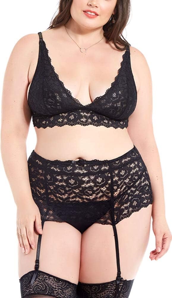 Plus Size Lingerie Set for Women - Sexy Exotic Floral Lace Bra High Waist Skirt Garter Belt with Thong 3 Pcs