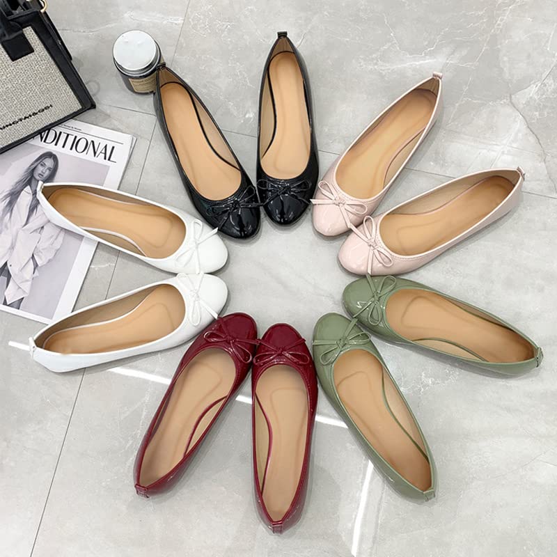 HuangTaiJi Qing Women's Round Toe Bowtie Flat Shoes Cute PU Leather Soft Walking Driving Slip on Shoes4