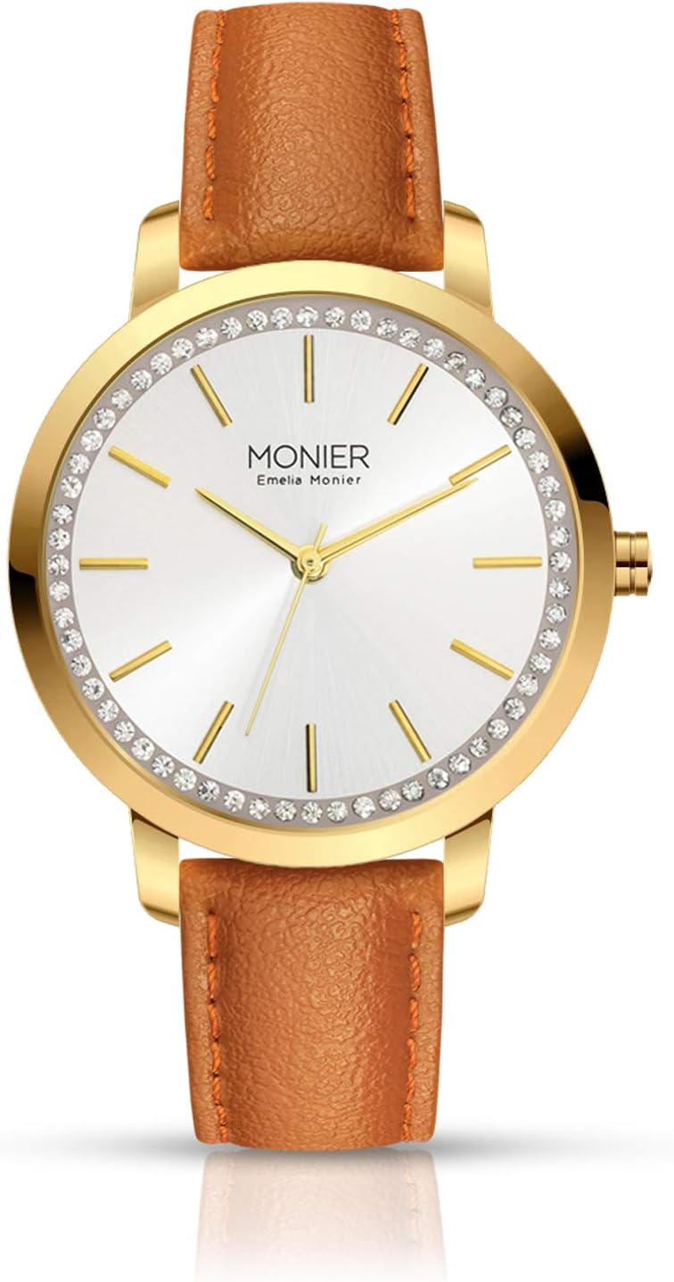 Emelia Monier Sparkling Circle Gold Tone Women's Watch with Silver Tone Sunray Dial and Brown Leather Strap EML002-03BR