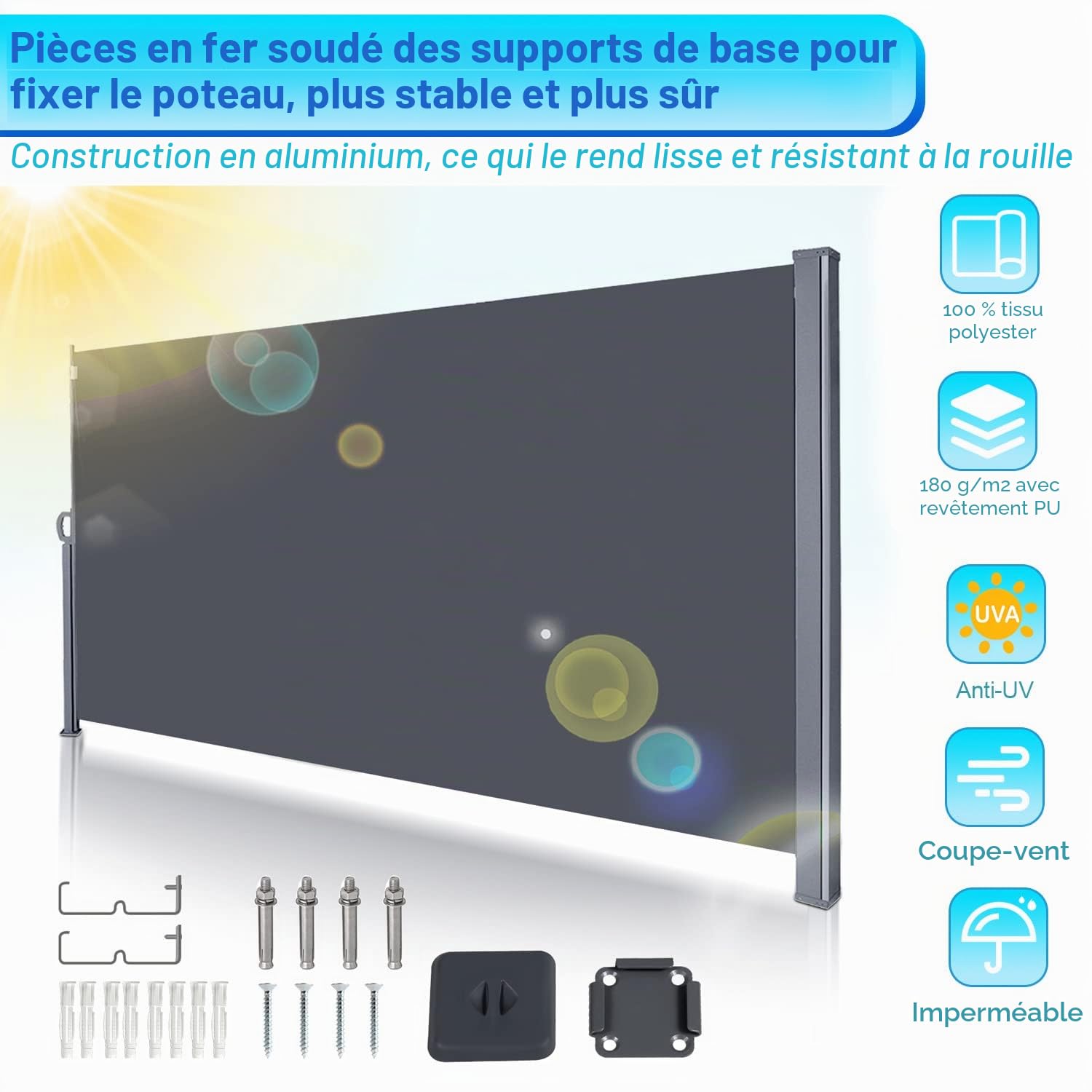 Gimisgu Store latéral, 160x300cm Auvent latéral Extensible Brise-Vue Opaque, Coupe-Vent, Protection Solaire, Paravent Extérieur, pour Balcon, Terrasse et Jardin, Polyester, Gris M3783-EM