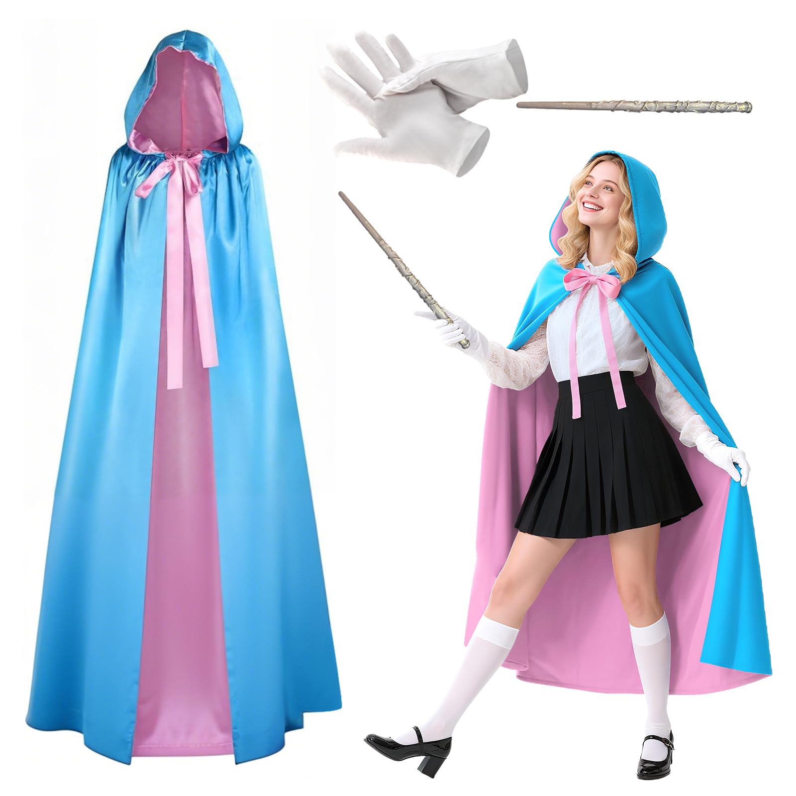 Boyigog Disfraz de madrina, capa de hada, accesorios de disfraz con capa azul y rosa, guantes, varita mágica para Halloween, máscaras, carnaval, cosplay, disfraces de madrina para mujeres adultas