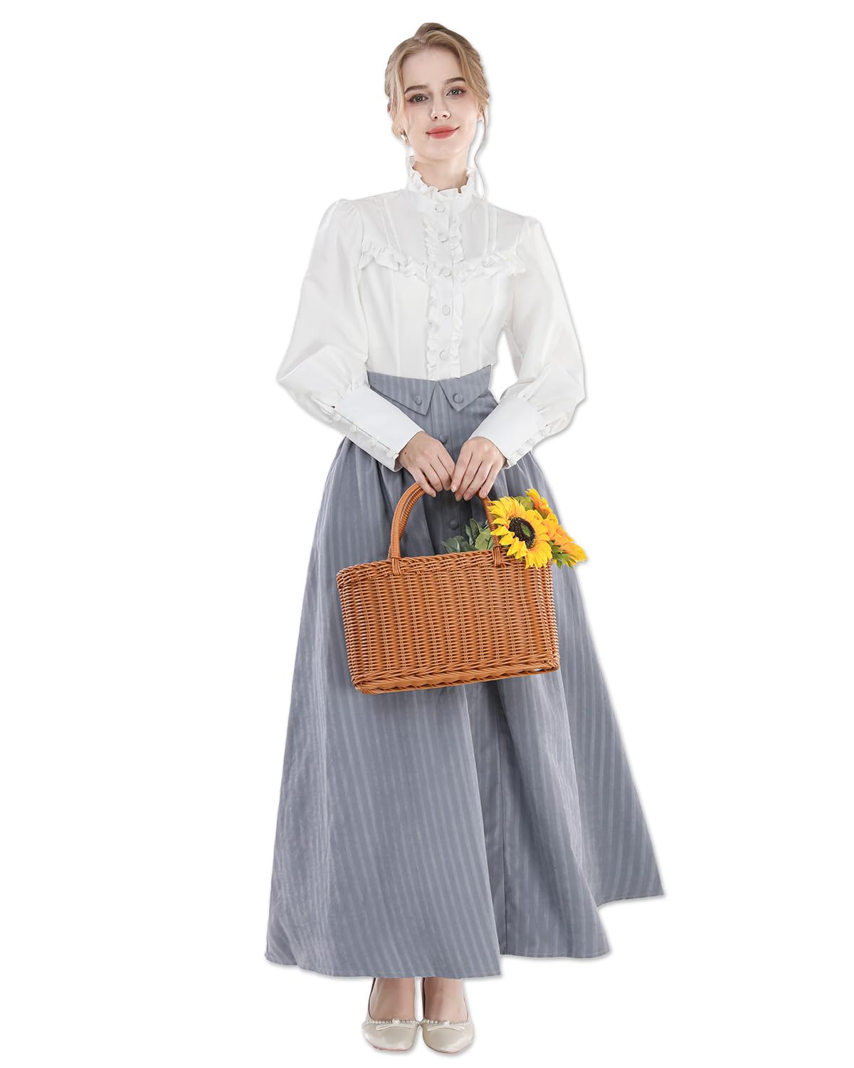 CR ROLECOS Victorian Dress for Women Edwardian Renaissance Costume Medieval Vintage 1800s Dresses, Grayish Blue L