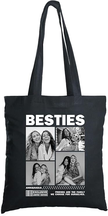 Herz & Heim® Personalisierter Stoffbeutel mit Fotos & Wunschtext – Magazin-Cover-Design – Schwarze Baumwolltasche mit Text & Bildern – Geschenk mit eigenen Fotos & Text